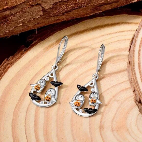 925 Sterling Silver Halloween Earrings Black Cat Pumpkin Skeleton Leverback Jewe